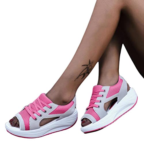 Onsoyours Sandalen Damen Keilabsatz Netz Sandalen Casual Sommer Plateau Sandalen Schnürsenkel Wedges Sport Freizeit Sandaletten Sommerschuhe A Rosa 37 EU von Onsoyours