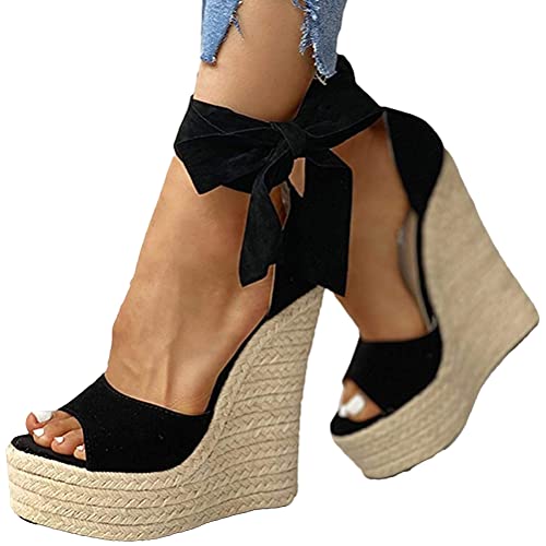 Onsoyours Sandalen Damen Keilabsatz Plateau Keilsandalen Frauen Sandaletten Keilabsatz Sommerschuhe Platform Bowknot Knöchelriemen Sandalen Freizeit Schuhe C Schwarz 35 EU von Onsoyours