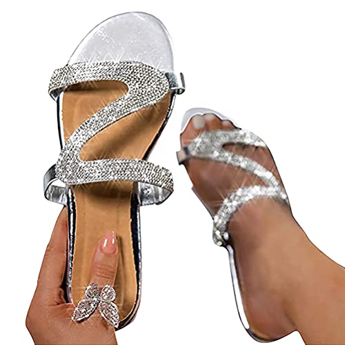 Onsoyours Sandalen Damen Lässige Flache Schuhe Flat Heel Elegant Sommer Römersandalen Pantoletten Peep Toe Flip Flop Schuhe Strandsandalen Sommerschuhe Strandsandalen C Silber 40 EU von Onsoyours