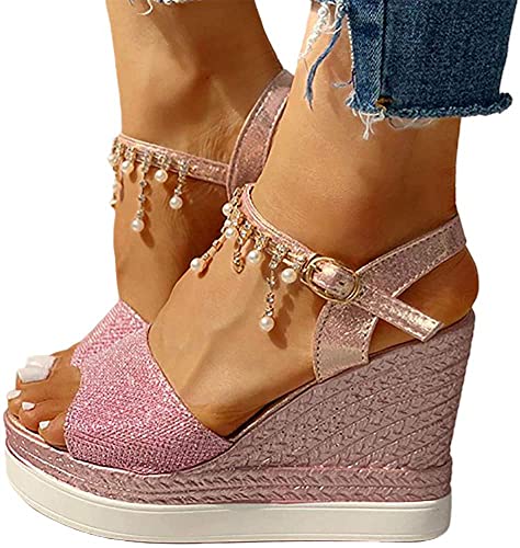 Onsoyours Sandalen Damen Plateau Keilsandalen Frauen Sandaletten Keilabsatz Sommerschuhe Platform Strassperle Knöchelriemen Sandalen A Pink 40 EU von Onsoyours