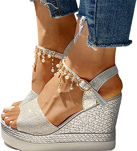 Onsoyours Sandalen Damen Plateau Keilsandalen Frauen Sandaletten Keilabsatz Sommerschuhe Platform Strassperle Knöchelriemen Sandalen A Silber 35 EU von Onsoyours