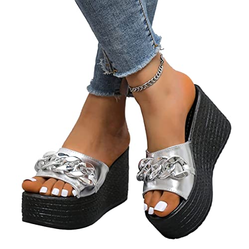 Onsoyours Sandalen Damen Sommer Casual Wedge Peep Toe High Heel Plattform Pantoletten Keilabsatz Slipper Sandalen Hausschuhe Sandalen mit Schleife C Silber 37 EU von Onsoyours