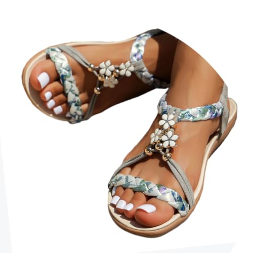 Onsoyours Sandalen Damen Sommer Flach Sandaletten Bohemia mit Strass Glitzer Freizeit Sommerschuhe Strand Schuhe A Hellgrau 39 EU von Onsoyours