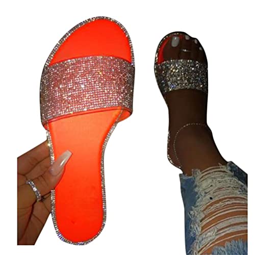 Onsoyours Sandalen Damen Sommer Flache Sandalen Strass Sandaletten Römische Schuhe Elegante Glitzer Hausschuh Flip Flops Leicht Bequem Slippers Sommerschuhe Freizeitschuhe F Orange 42 EU von Onsoyours