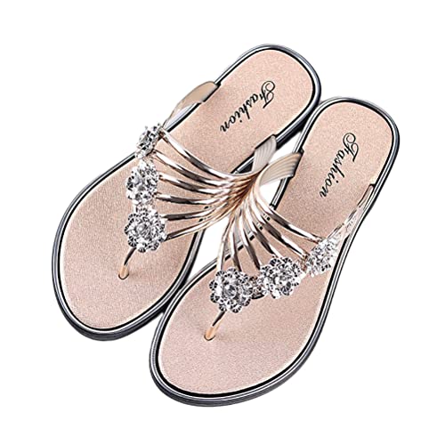 Onsoyours Sandalen Damen Sommer Flip Flops Bohemian Flach Zehentrenner Slippers mit Strass A Champagner 38 EU von Onsoyours