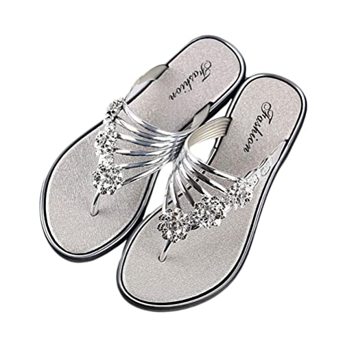 Onsoyours Sandalen Damen Sommer Flip Flops Bohemian Flach Zehentrenner Slippers mit Strass A Silber 38 EU von Onsoyours