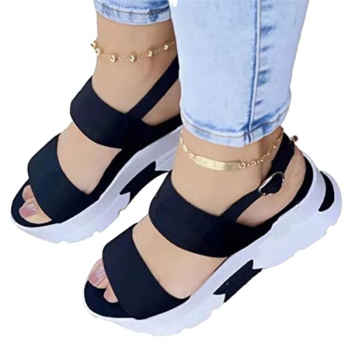 Onsoyours Sandalen Damen Sommer Keilabsatz Plateau Sandalen Strand Schuhe Freizeit Gemütlich Flach Sandalette Strandschuhe Wanderschuhe D Schwarz 38 EU von Onsoyours