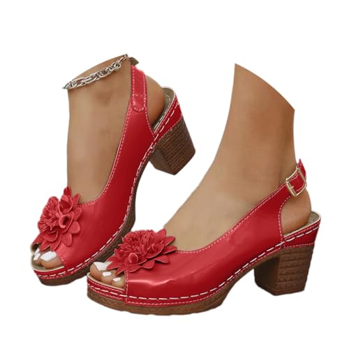 Onsoyours Sandalen Damen Sommer mit Absatz Blumen Sommerschuhe Open Toe Sandalen Bequeme Schuhe A Rot 37 EU von Onsoyours