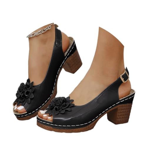 Onsoyours Sandalen Damen Sommer mit Absatz Blumen Sommerschuhe Open Toe Sandalen Bequeme Schuhe A Schwarz 37 EU von Onsoyours