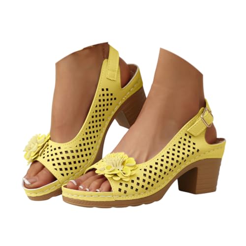 Onsoyours Sandalen Damen Sommer mit Absatz Sommerschuhe mit Blumen Open Toe Sandalen Bequeme Schuhe A Gelb 37 EU von Onsoyours