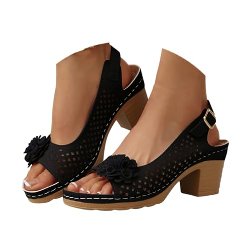 Onsoyours Sandalen Damen Sommer mit Absatz Sommerschuhe mit Blumen Open Toe Sandalen Bequeme Schuhe A Schwarz 42 EU von Onsoyours
