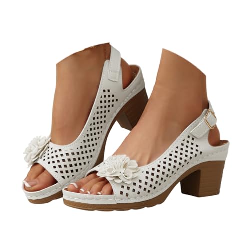 Onsoyours Sandalen Damen Sommer mit Absatz Sommerschuhe mit Blumen Open Toe Sandalen Bequeme Schuhe A Weiß 42 EU von Onsoyours
