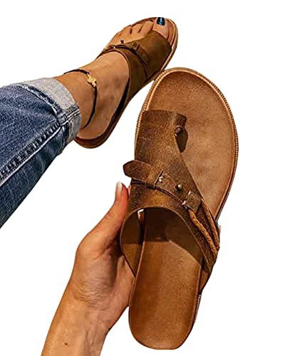 Onsoyours Sandalen Für Frauen Retro Comfy Premium Sommer Hausschuhe Aushöhlen Flacher Ferse Flip Flop Beach Sandalen Damen Mode Plattform Open-Toe-Schuhe Braun 39 EU von Onsoyours