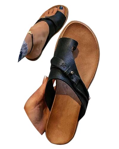 Onsoyours Sandalen Für Frauen Retro Comfy Premium Sommer-Hausschuhe Aushöhlen Flacher Ferse Flip Flop Beach Sandalen Damen Mode Plattform Open-Toe-Schuhe Schwarz 39 EU von Onsoyours