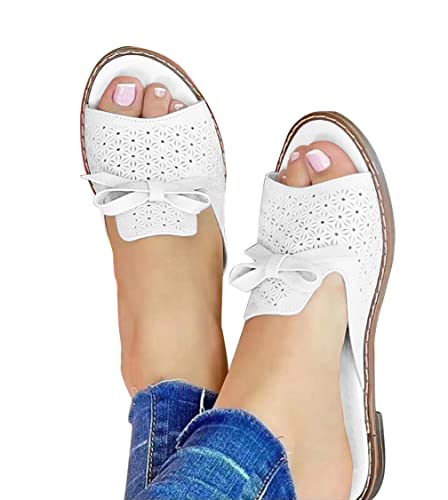 Onsoyours Sandaletten Damen Sandalen Sommer Plateau Slippers Schicke Bowknot Keilsandalen Slip On Sandals mit Offenem Zeh Plattform Pantoletten für Frauen A Weiß 40 EU von Onsoyours