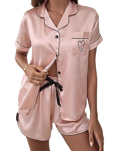 Onsoyours Satin Pyjama Damen Casual Kurz Schlafanzug mit Knopf Frauen Seide Nachtwäsche V-Ausschnitt Zweiteiliger Pjs Sets Hausanzug Sommer A Rosa XS von Onsoyours