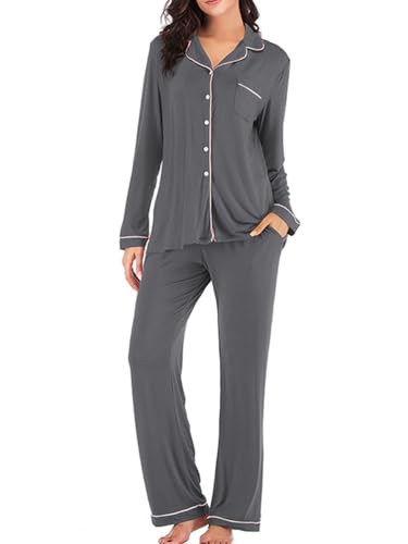 Onsoyours Schlafanzug Damen Lang Casual Pyjama Set mit Knöpfen Schlafanzüge für Damen Zweiteiliger Loungewear Hausanzug mit Taschen A Grau S von Onsoyours
