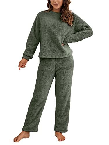 Onsoyours Schlafanzug Damen Lang Pyjama Winter Langarm Hausanzug Zweiteiler Mit Tasche Oberteile Und Hosen Polar Kuschelig A Grün L von Onsoyours