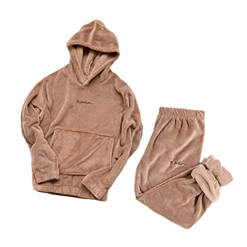 Onsoyours Schlafanzug Damen Lang Pyjama Winter Langarm Hausanzug Zweiteiler Mit Tasche Oberteile Und Hosen Polar Kuschelig C Khaki M von Onsoyours