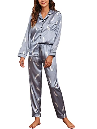 Onsoyours Schlafanzug Damen Lang Zweiteiliger Schlafanzug Satin Nachtwäsche Sexy V Ausschnitt Einfarbig Pyjama Set mit Knopfleiste A Blau L von Onsoyours