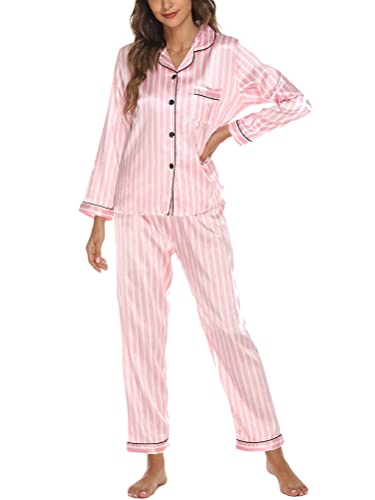 Onsoyours Schlafanzug Damen Lang Zweiteiliger Schlafanzug Satin Nachtwäsche Sexy V Ausschnitt Einfarbig Pyjama Set mit Knopfleiste A Streifen S von Onsoyours