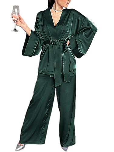 Onsoyours Schlafanzug Damen Lang Zweiteiliger Schlafanzug Satin Nachtwäsche Sexy V Ausschnitt Einfarbig Pyjama Set mit Knopfleiste F Grün L von Onsoyours