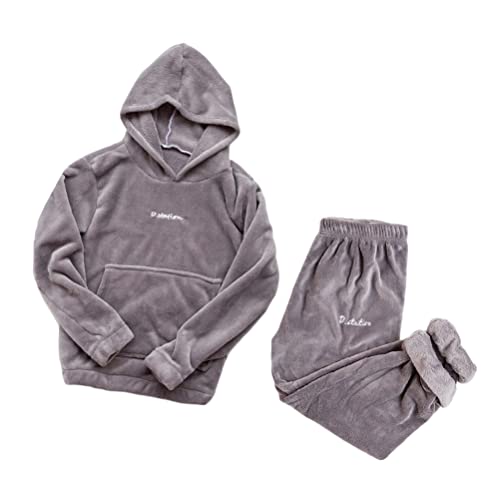 Onsoyours Schlafanzug Damen Polar Fleece Pyjama Für Frauen Warme Nachtwäsche Und Hausanzug Damen Langarm Hausanzug Zweiteiler Mit Tasche C Grau L von Onsoyours