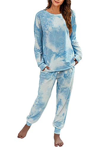 Onsoyours Schlafanzug Damen Pyjama Zweiteilige Nachtwäsche Tie Dye Druck Langarm Oberteil Lang Hose Schlafanzug Loungewear mit Taschen Blau XS von Onsoyours