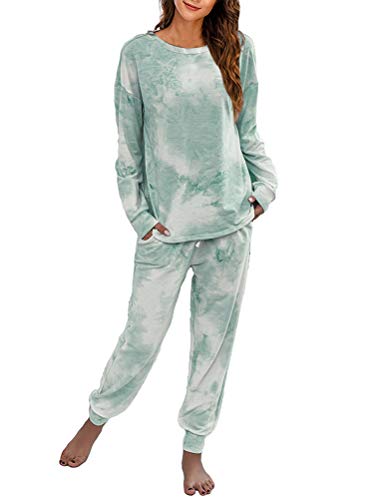 Onsoyours Schlafanzug Damen Pyjama Zweiteilige Nachtwäsche Tie Dye Druck Langarm Oberteil Lang Hose Schlafanzug Loungewear mit Taschen Grün XS von Onsoyours