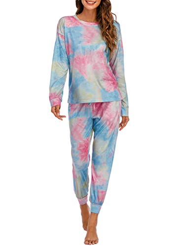 Onsoyours Schlafanzug Damen Pyjama Zweiteilige Nachtwäsche Tie Dye Druck Langarm Oberteil Lang Hose Schlafanzug Loungewear mit Taschen Mehrfarbig L von Onsoyours