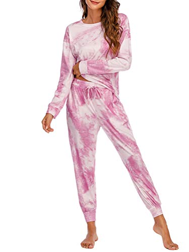 Onsoyours Schlafanzug Damen Pyjama Zweiteilige Nachtwäsche Tie Dye Druck Langarm Oberteil Lang Hose Schlafanzug Loungewear mit Taschen Rosa XXL von Onsoyours