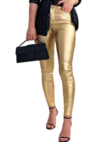 Onsoyours Schlaghose Damen Metallic Glänzed Hose Straight Fit Bleistifthose Freizeit Casual Lang Hose Einfarbig Wet Look Stretch Leggings Tanzhosen Party Disco Clubwear A Gold M von Onsoyours