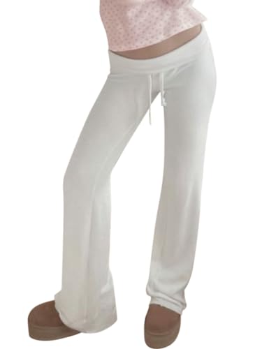 Onsoyours Schlaghose Damen Sexy Y2K Low Waist Skinny Yogahose Jazzpants Lang Bootcut Stretch Flared Hose Hüfthose Sweathose Freizeithose Vintage Lang Sporthose D Weiß M von Onsoyours