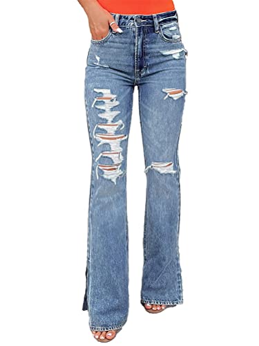 Onsoyours Schlagjeans Damen Löcher Jeans Schlaghose Flared Bootcut Hose Mode Slim Fit High Waist Stretch Skinny Jeanshose Denim Pants 01 Blau M von Onsoyours