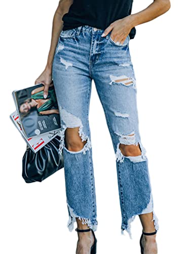 Onsoyours Schlagjeans Damen Löcher Jeans Schlaghose Flared Bootcut Hose Mode Slim Fit High Waist Stretch Skinny Jeanshose Denim Pants 03 Blau M von Onsoyours