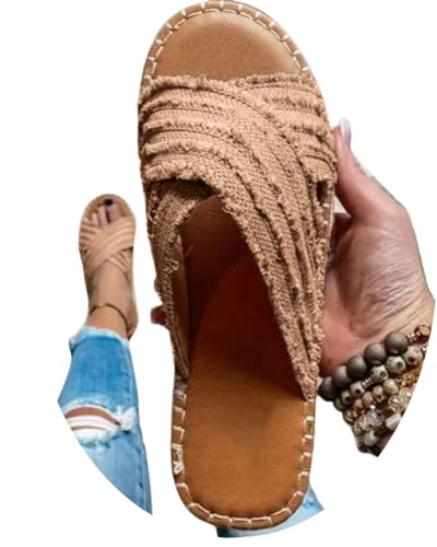 Onsoyours Schlappen Damen Espadrille Sandalen Flache Sommer Bohemian Sandaletten Peep Toe Strand Hausschuhe Criss Kreuz Slippers Flip Flop Sommerschuhe A Braun 41 EU von Onsoyours