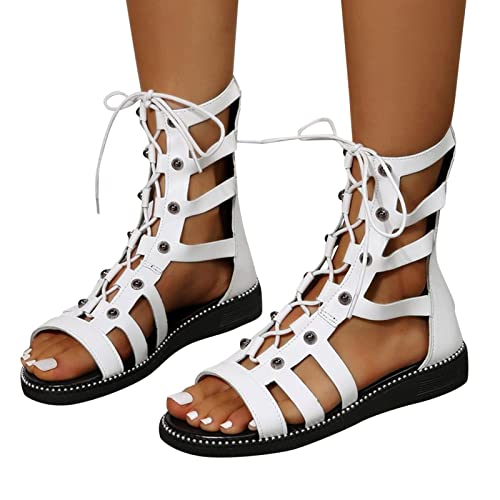 Onsoyours Schuhe Damen Sandalen Gladiator Römersandalen Sommer Strandsandals Riemchensandalen Knie Hohe Stiefel Peep Toe Schnürschuhe Elegant Kniehohe Freizeitsandalen B Weiß 36 EU von Onsoyours