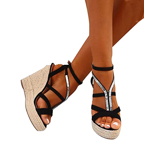 Onsoyours Schwarz Runde Zehe Keilabsatz Strass Fesselriemen Mode Sandalen Damen Schuhe 37 von Onsoyours