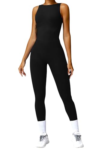 Onsoyours Seamless Gerippte Jumpsuit Damen Eng Rückenfreie Sleeveless Yoga Sport One Piece Romper High Neck Einteiler Workout Playsuit A Schwarz S von Onsoyours