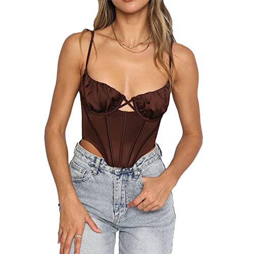 Onsoyours Sexy Spaghetti-trägern Bustiers Korsett Crop Tops Mesh Verstärktes Camisoles Sommer Frauen Wrap Rohr Tops Party Club I Braun M von Onsoyours