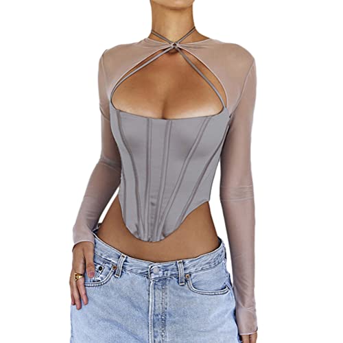 Onsoyours Sexy Top Damen Y2K Korsett Top Langarm T-Shirt Cut Out Cropped Oberteil Slim Solide Crop Tops Bustier Club Streetwear Frauen Pullover C Grau XS von Onsoyours