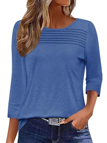 Onsoyours Shirt Damen 3/4 Arm Falten Rundhals Tshirt Leichte Pullover Sommer Herbst Oberteile Casual Tops Basic Shirt A Dunkelblau M von Onsoyours