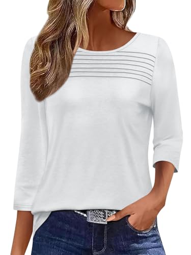 Onsoyours Shirt Damen 3/4 Arm Falten Rundhals Tshirt Leichte Pullover Sommer Herbst Oberteile Casual Tops Basic Shirt A Weiß XXL von Onsoyours