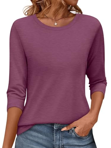 Onsoyours Shirt Damen 3/4 Arm Rundhals Tshirt Sommer Leichte Pullover Tops Elegant Herbst Oberteil Basic Shirt A Weinrot XXL von Onsoyours
