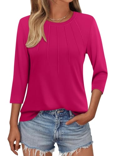 Onsoyours Shirt Damen 3/4 Arm T-Shirt Sommer Rundhals Oberteile Casual Einfarbig Basic Tops mit Plissiert Design A Rosenrot XL von Onsoyours