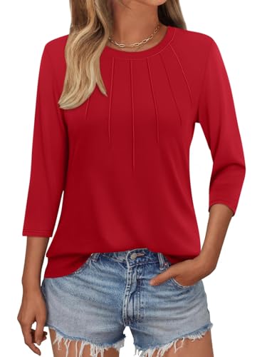 Onsoyours Shirt Damen 3/4 Arm T-Shirt Sommer Rundhals Oberteile Casual Einfarbig Basic Tops mit Plissiert Design A Rot M von Onsoyours