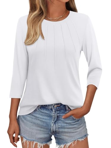 Onsoyours Shirt Damen 3/4 Arm T-Shirt Sommer Rundhals Oberteile Casual Einfarbig Basic Tops mit Plissiert Design A Weiß XXL von Onsoyours