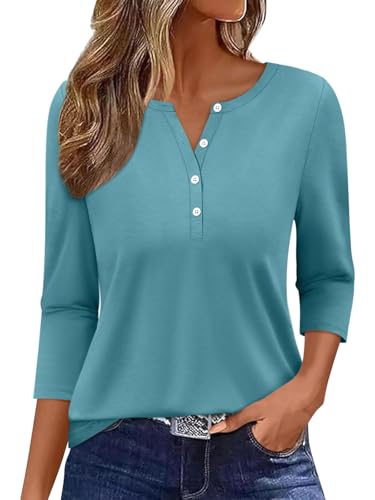 Onsoyours Shirt Damen 3/4 Arm Tshirt V-Ausschnitt Knopfleiste Pullover Sommer Herbst Oberteil Einfarbig Tops Basic Shirt A Türkis XXL von Onsoyours