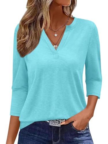 Onsoyours Shirt Damen 3/4 Arm Tshirt V-Ausschnitt Tops Sommer Oberteil Basic Shirt A Mintgrün L von Onsoyours