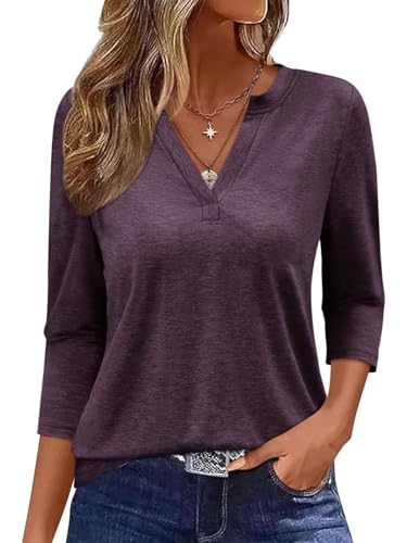 Onsoyours Shirt Damen 3/4 Arm Tshirt V-Ausschnitt Tops Sommer Oberteil Basic Shirt A Violett 01 XXL von Onsoyours